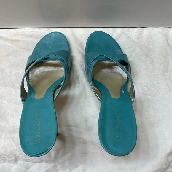 BCBG MaxAzria teal leather slip on open toe 4”heel - Picture 3 of 4